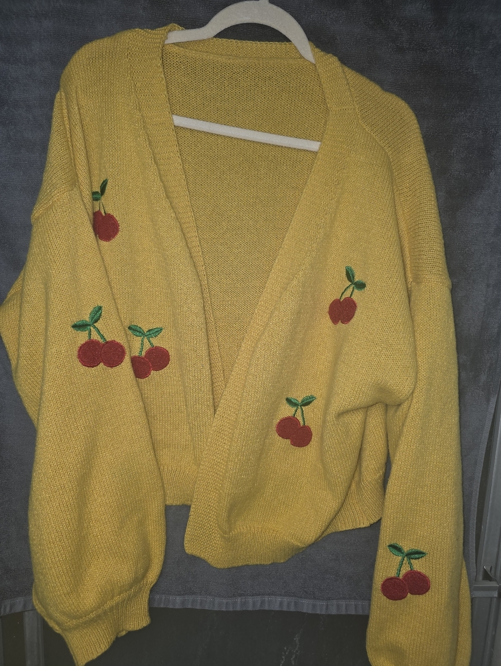 Yellow Cherry Embroidered Open Cardigan Sweater